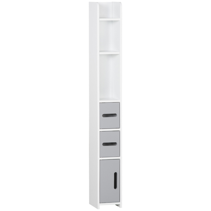 kleankin Freestanding Tall Bathroom Cabinet, Narrow Bathroom Storage Cabinet with Shelves and Cupboards, Grey and White