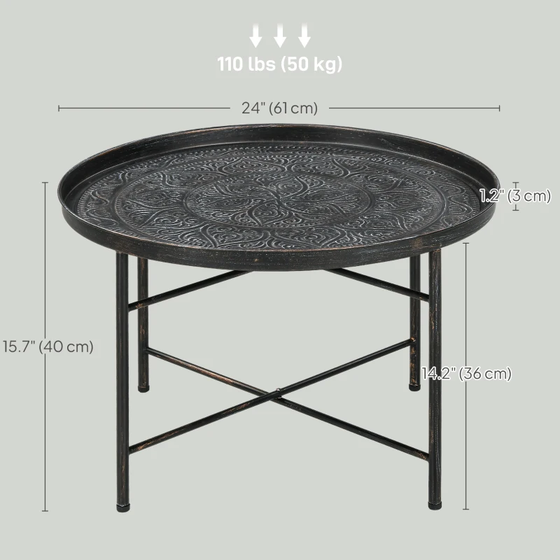 HOMCOM Vintage Coffee Table for Living Room, 24" Round Center Table with Hammered Tray Top and Metal Frame, Pewter