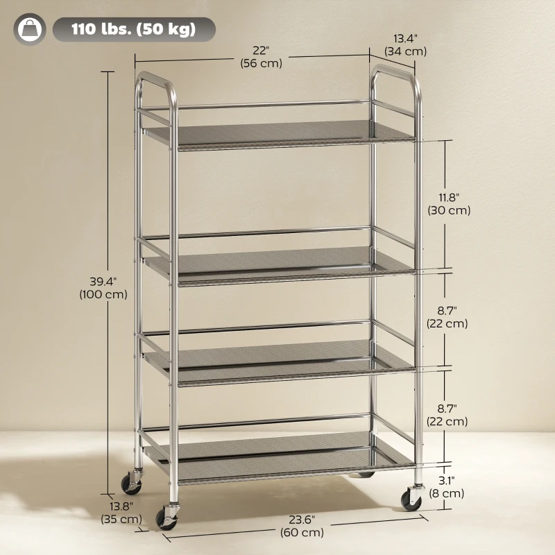 HOMCOM 4 Tier Stainless Steel Rolling Cart with Adjustable Shelves, Utility Cart on Wheels with Handles for Kitchen, Silver