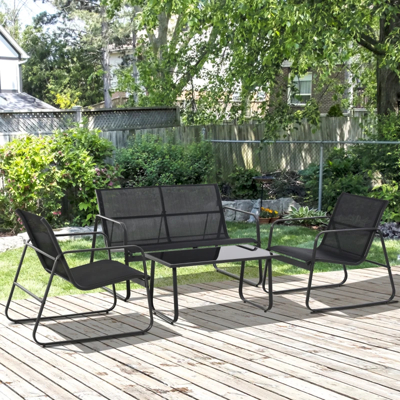 Outsunny 4 Piece Patio Furniture Set, Outdoor Conversation Set with Loveseat Sofa, Armchairs, Glass Top Coffee Table, Black