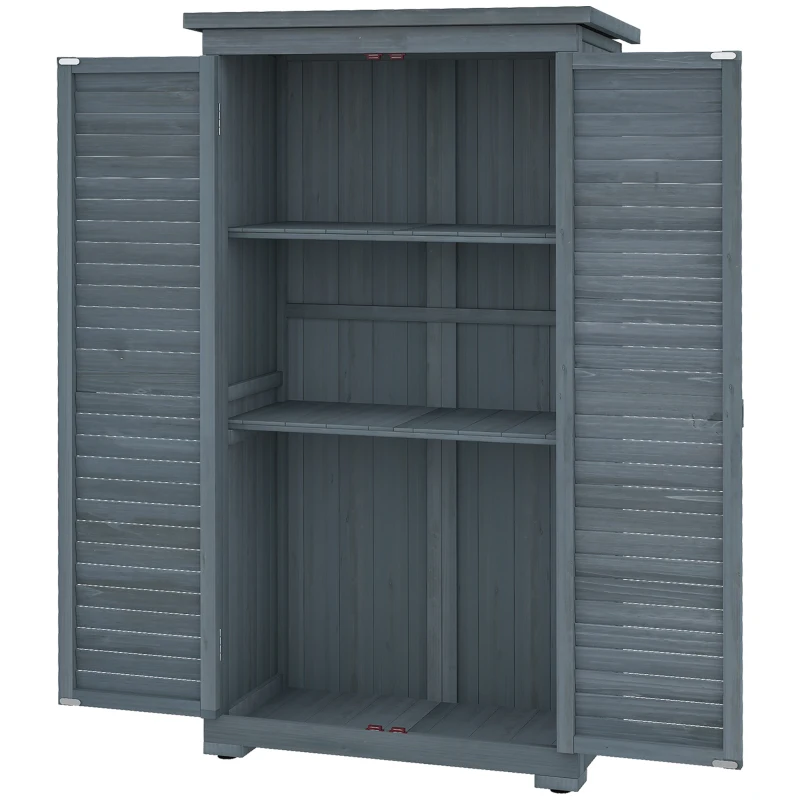Outsunny Outdoor Garden Shed, Wooden Tool Storage Shed, 3-Tier Shelves, Asphalt Roof, Shutter Doors, 34.3" x 18.3" x 63", Grey