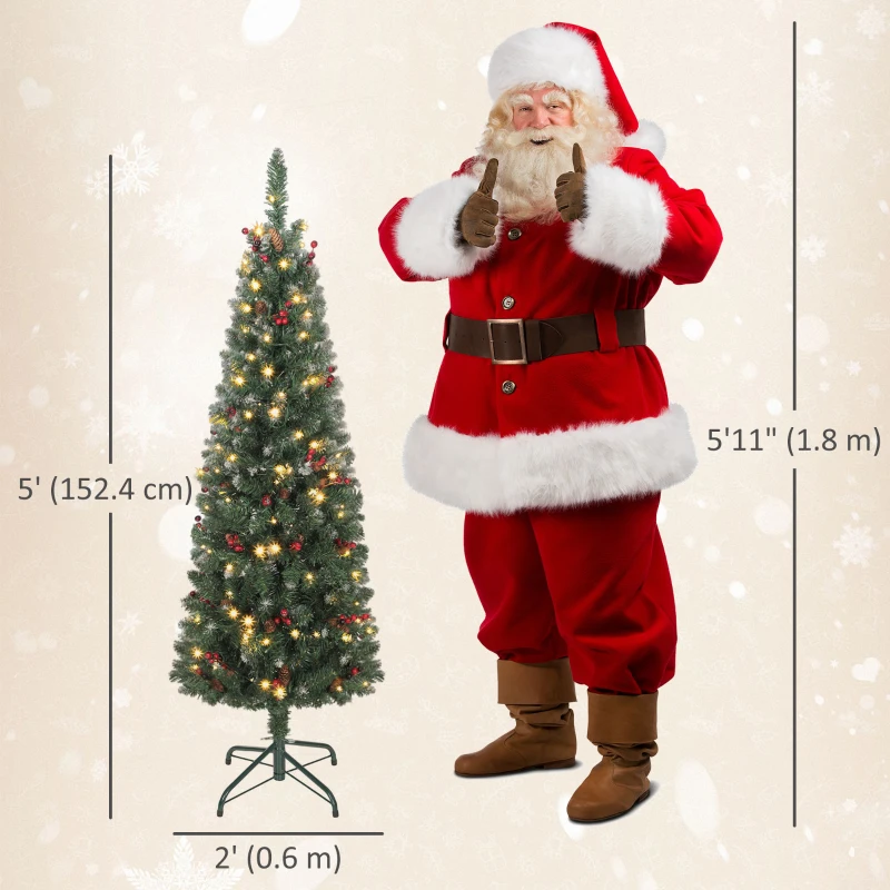 HOMCOM 5 ft Pencil Prelit Christmas Tree with LED Light, Silver Glitter, Dense Pointed Branches, 8 Modes, Slim Xmas Tree