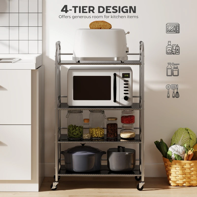 HOMCOM 4 Tier Stainless Steel Rolling Cart with Adjustable Shelves, Utility Cart on Wheels with Handles for Kitchen, Silver