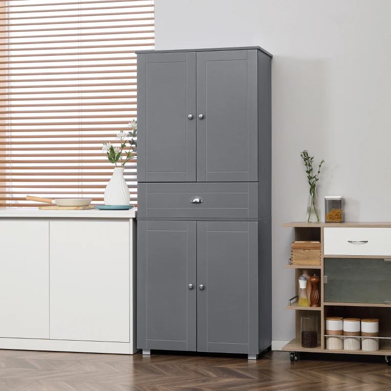 HOMCOM Tall Storage Cabinet, 72" Freestanding Kitchen Pantry Cabinet with 4 Doors, Drawer and Adjustable Shelves, Gray