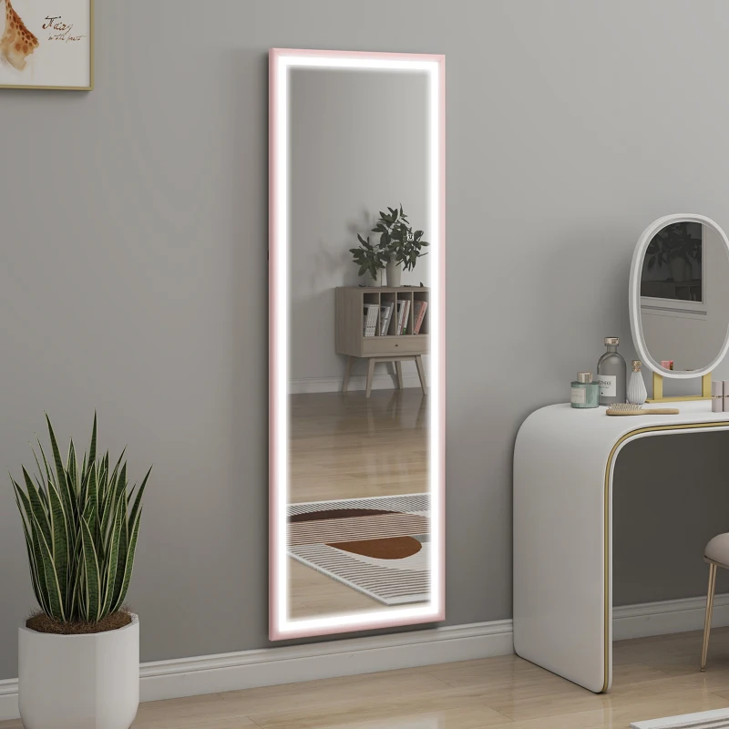 HOMCOM LED Mirror with Dimmable and 3 Colour Lights, 64" x 21" Rectangular Full Body Mirror for Bedroom Living Room, Pink