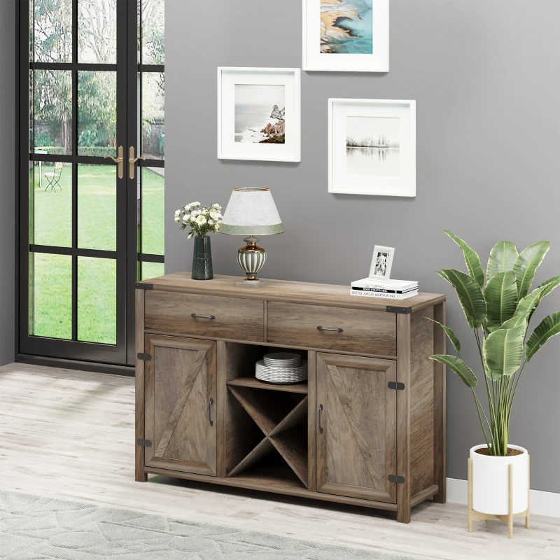 HOMCOM Farmhouse Coffee Bar Cabinet, Sideboard Buffet Cabinet Wine Cabinet with Drawers, Barn Style Doors, Wine Rack, Distressed Oak Brown