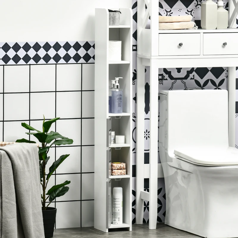 kleankin Freestanding Tall Bathroom Cabinet, Narrow Bathroom Storage Cabinet with Shelves and Cupboards, Grey and White