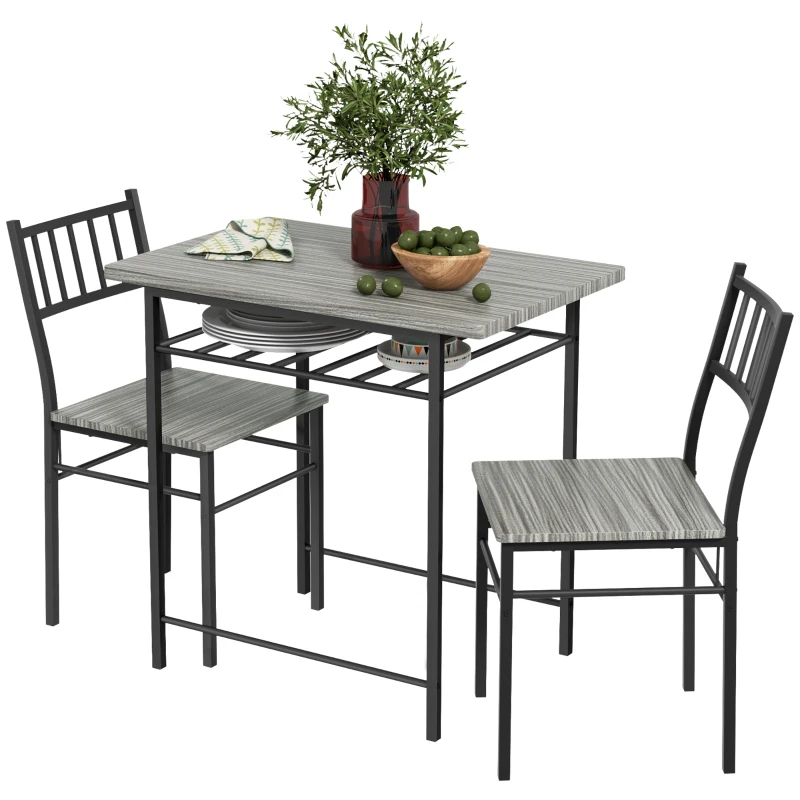 HOMCOM 3-Piece Small Dining Table Set for 2, Kitchen Table and Chairs with Storage Rack and Steel Frame, Gray