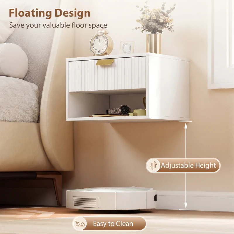 HOMCOM Set of 2 Wall Mounted Bedside Tables, Floating Nightstands with Fluted Drawer and Open Shelf for Bedroom, White