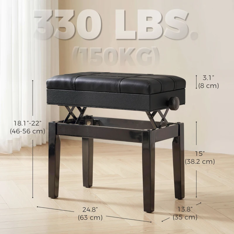 HOMCOM Faux Leather Keyboard Bench, 24.8" Adjustable Piano Bench with Padded Cushion and Storage, Black