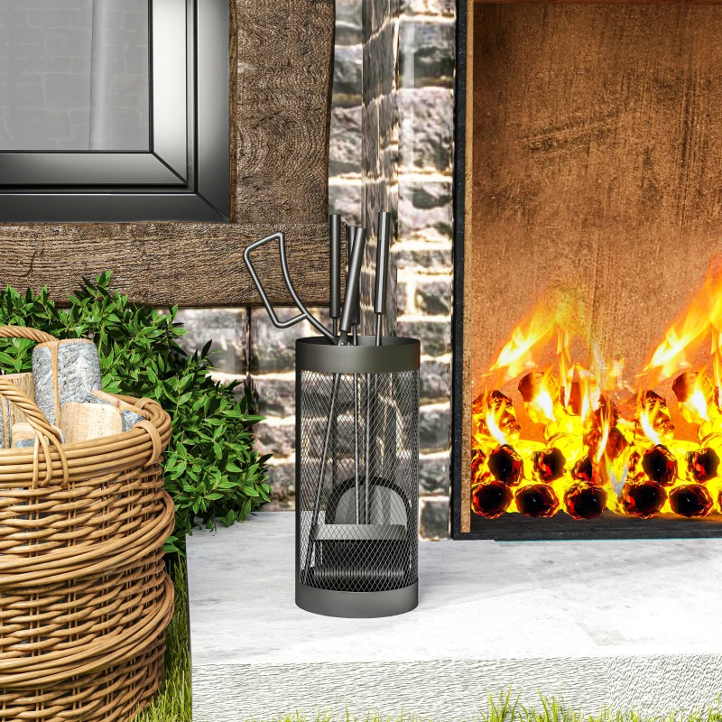 Outsunny Fireplace Tool Set with Mesh Basket, 5 Piece Fire Place Kit with Brush, Shovel, Poker, Tongs for Indoor Outdoor Use