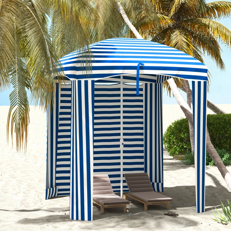 Outsunny 70.1" L x 70.1" W Cabana Umbrella with Walls, Vents, Ruffles, Carry Bag, Beach Umbrella, Blue White Stripe