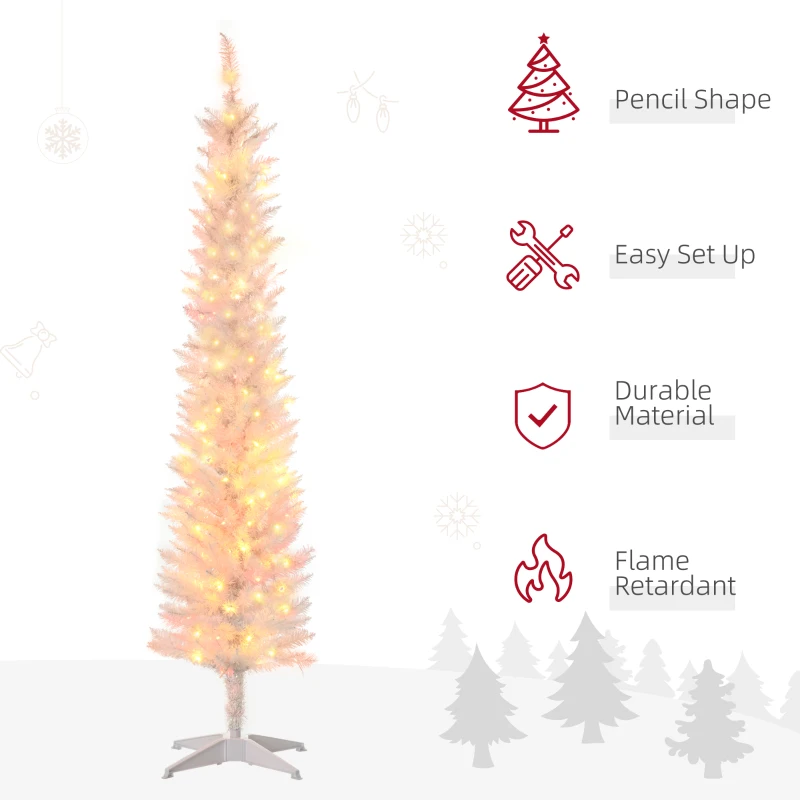 HOMCOM 6' Prelit Christmas Trees, Pencil Artificial Christmas Tree with Colourful Surface Tips, Colourful LED Lights, White