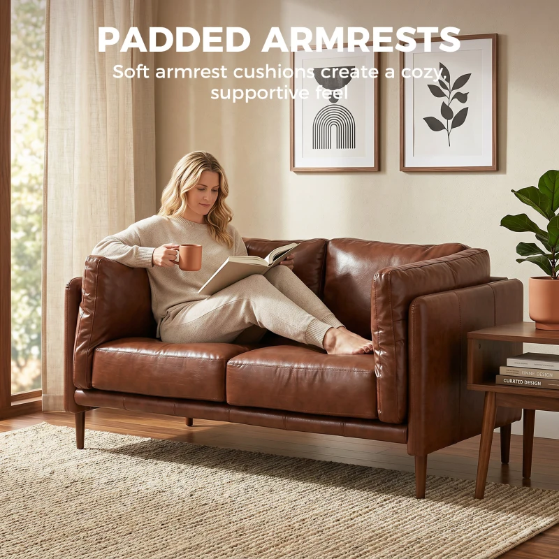 HOMCOM 59" Loveseat Sofa, PU Leather 2 Seater Sofa with Wide Seat, High-Density Foam, Thick Cushion, Wood Legs, Brown