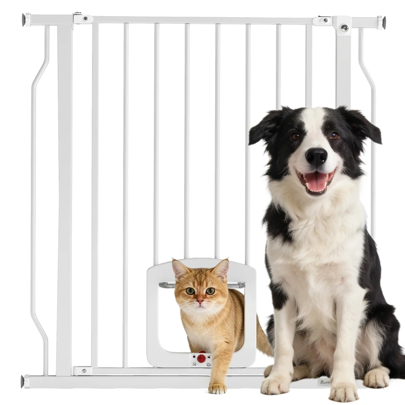 PawHut 29.5-33.5" Adjustable Dog Gate with Cat Door, Easy Install Pressure/Hardware Mounted Pet Gate for Doorways, White