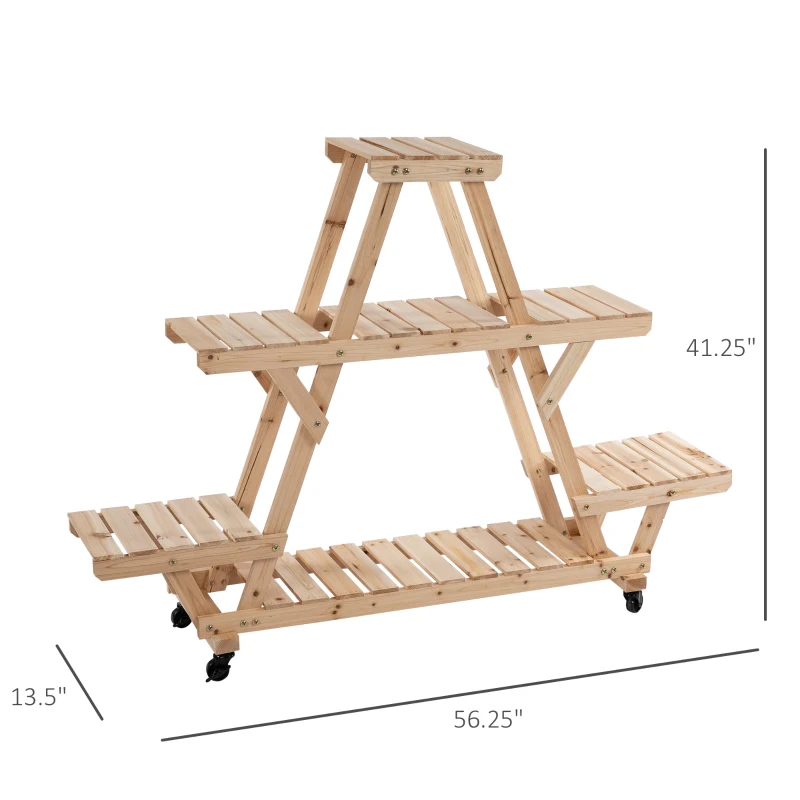 Outsunny Outdoor Plant Stand w/ Wheels and Brakes, Mobile Wood Plant Shelf Flower Stand for Garden Balcony Backyard Corner Living Room, Natural