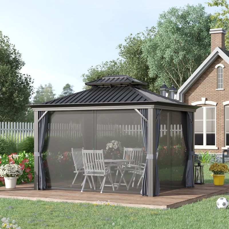 Outsunny 10' x 12' Hardtop Gazebo with Curtains and Netting, Permanent Pavilion Metal Double Roof Gazebo Canopy with Aluminum Frame and Hooks, for Garden, Patio, Backyard, Charcoal Gray