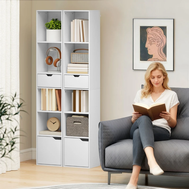 HOMCOM 6-Tier Bookcase, Tall Narrow Bookshelf with Drawer and Door, White