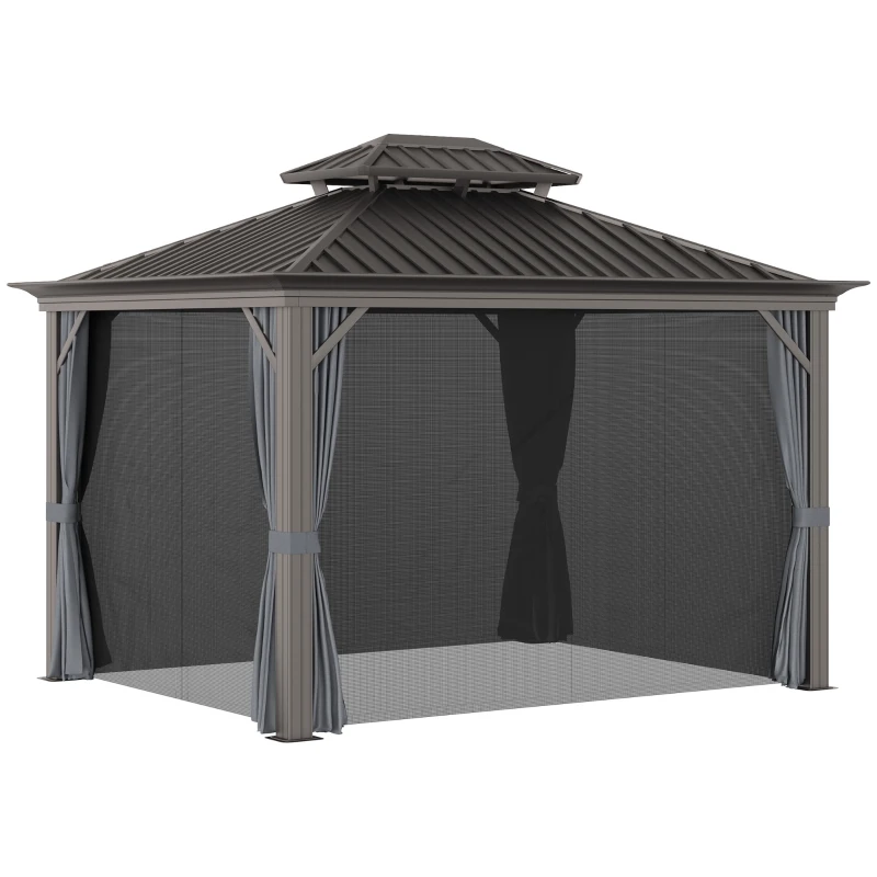 Outsunny 10' x 12' Hardtop Gazebo with Curtains and Netting, Permanent Pavilion Metal Double Roof Gazebo Canopy with Aluminum Frame and Hooks, for Garden, Patio, Backyard, Charcoal Gray