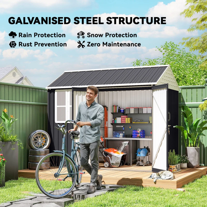 Outsunny 8' x 6' Metal Garden Storage Shed, Extra Large Outdoor Tool Storage House w/ Doors, Window and Air Vents, Dark Gray
