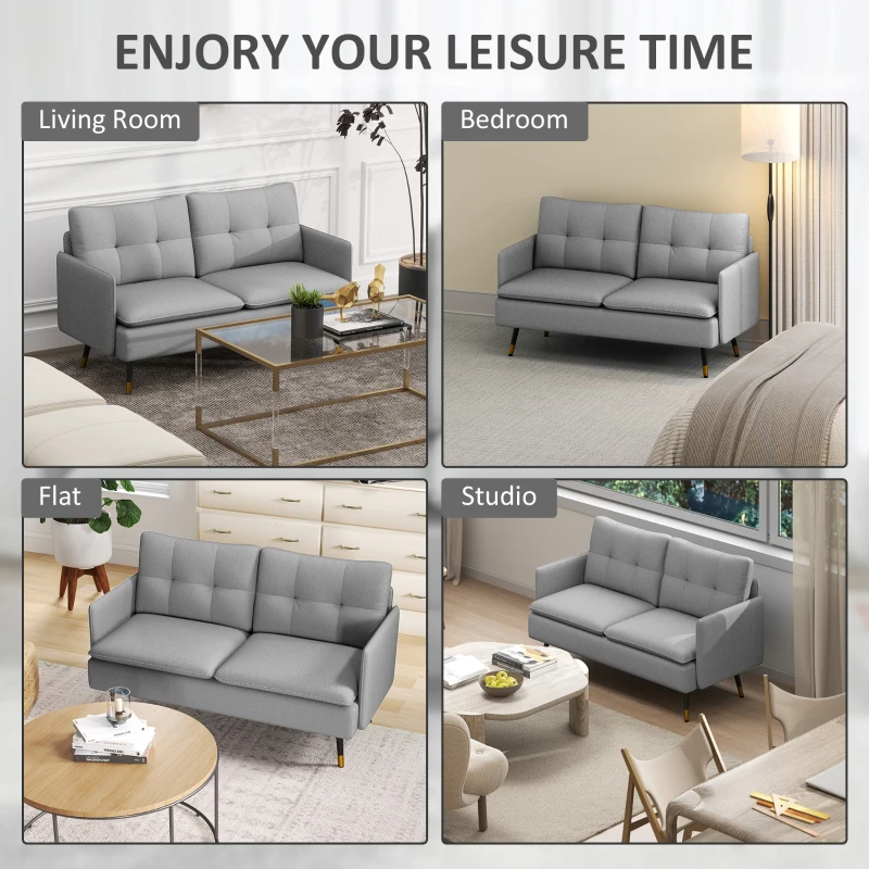 HOMCOM 55" Loveseat Sofa, Linen Love Seat w/ S spring, Steel Legs and Button Tufting, Small Couch for Living Room, Grey