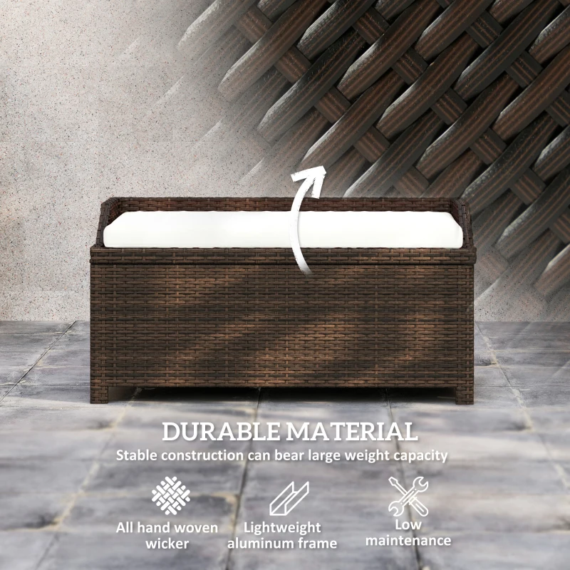 Outsunny Outdoor Wicker Storage Bench with Storage & Cushion, Cream White