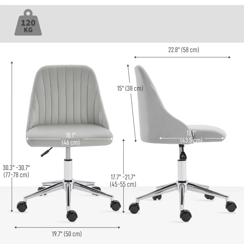 Vinsetto Vanity Chair for Makeup, Velvet Comfy Office Chair with Adjustable Height, Swivel Wheels for Bedroom, Living Room, Grey
