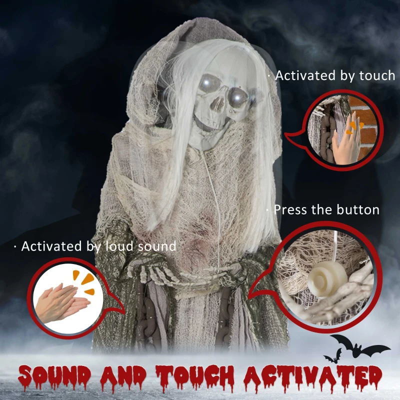 Outsunny 74" Life Size Outdoor Halloween Decorations Skeleton Witch, Sound and Motion Activated Animated Prop Animatronic decor with Light Up Eyes, Sound
