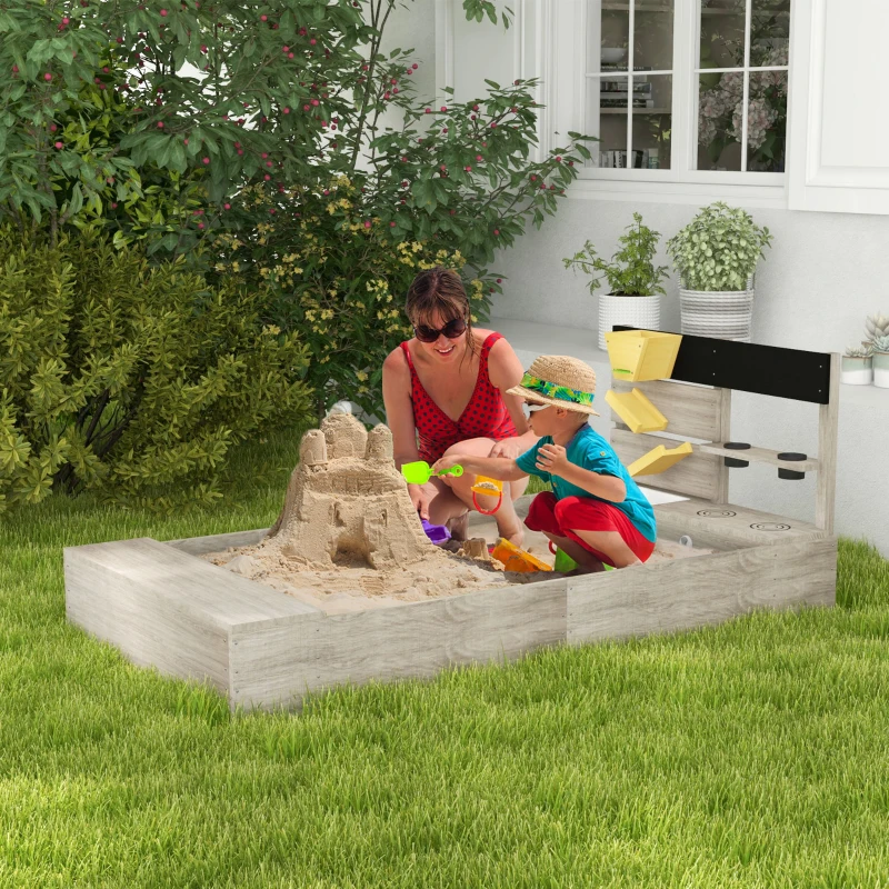 Outsunny Wooden Sandbox with Liner, Kitchen Design, Sink for 3-7 Year Old, 61" x 31.5" x 24"