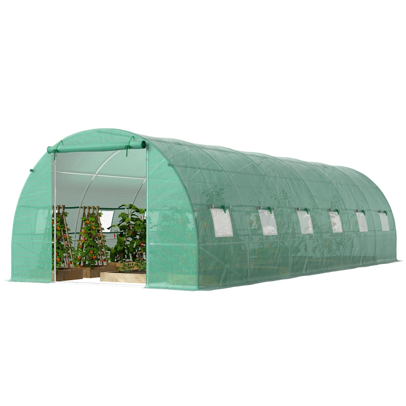 Outsunny 26' x 10' x 6.6' Walk-in Tunnel Hoop Greenhouse, PE Cover, Steel Frame, Roll-Up Zipper Door & 12 Mesh Windows for Flowers, Vegetables, Tropical Plants, Light Green