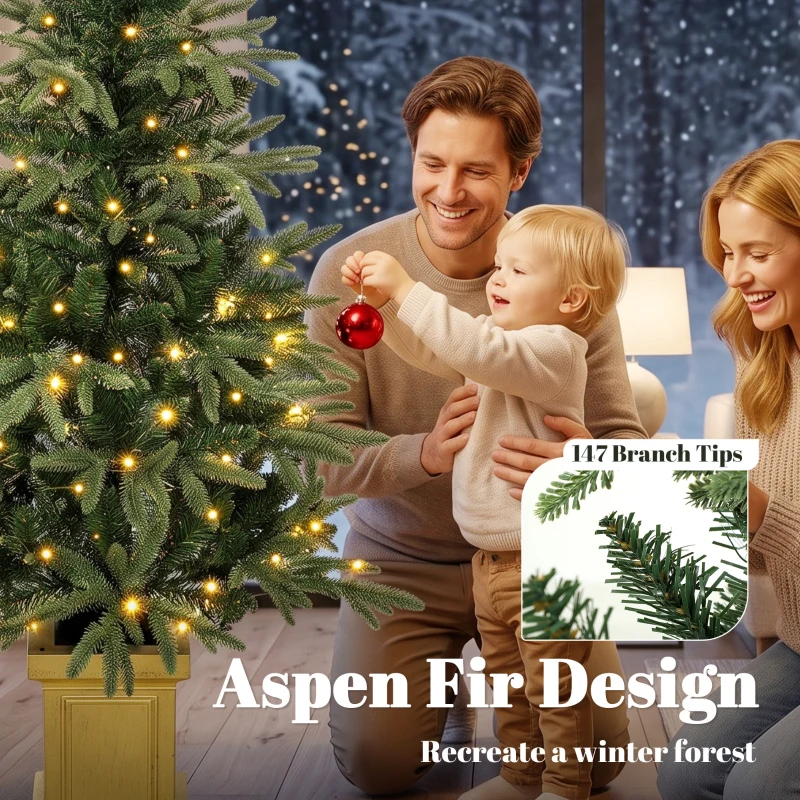 HOMCOM 4ft Prelit Christmas Tree with Dual-Color LEDs, Remote, Set of 2 Aspen Fir, Battery-Operated, 11 Modes, Decorative Pot