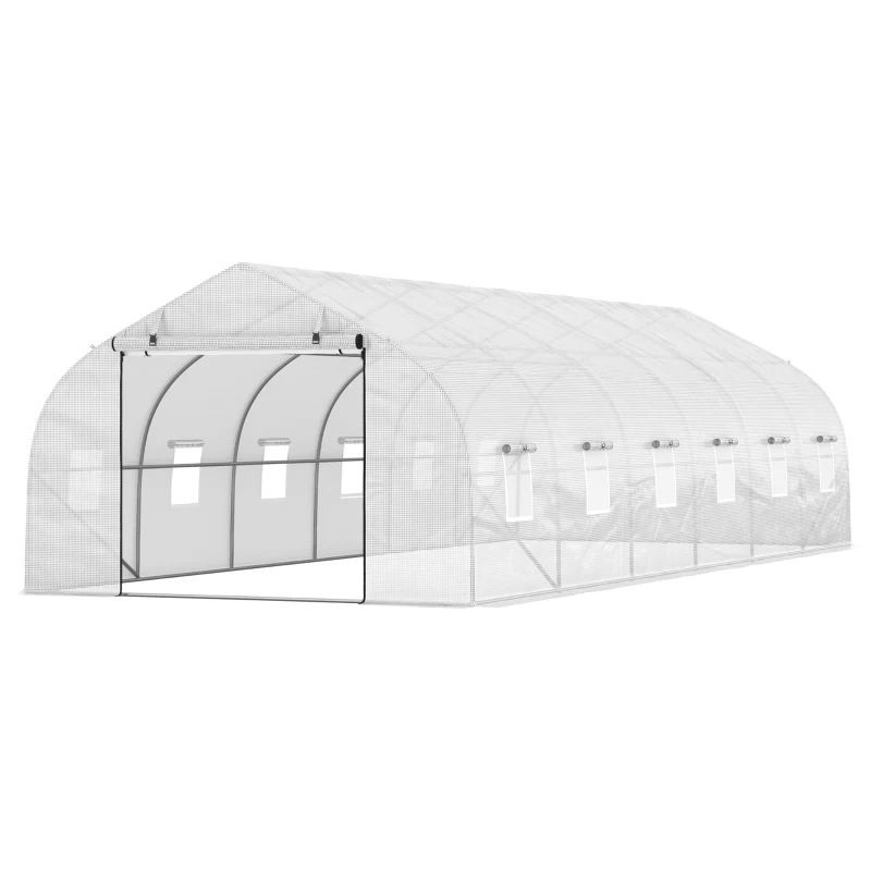 Outsunny 26' x 10' x 7' Walk-in Greenhouse Tunnel, Large Gardening Hot House with 12 Windows, 2 Net Protected Zipper Screen Doors for Backyard, White