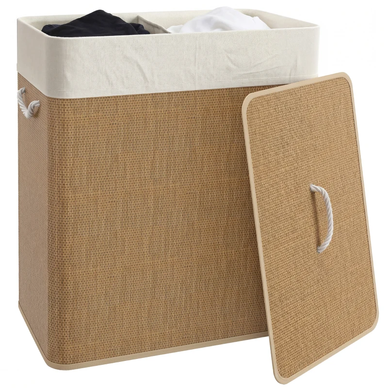 HOMCOM Double Laundry Basket with Lid, 100L Bamboo Laundry Hamper with Rope Handles and Removable Bags, Brown