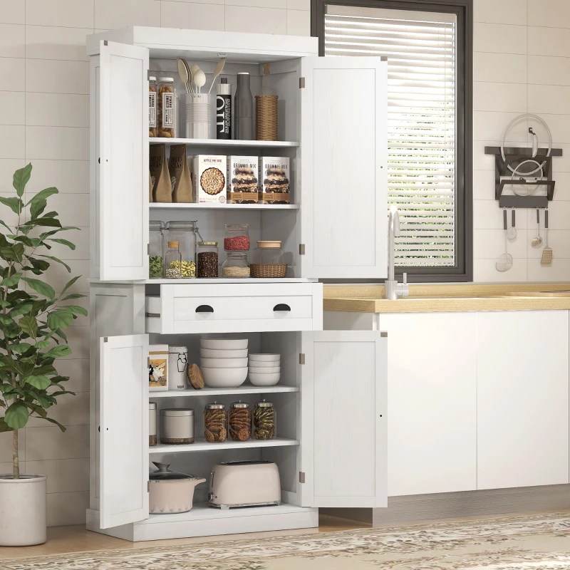 HOMCOM 72" Tall Pantry Cabinet, Kitchen Storage Cabinet with 4 Doors, Drawer and 2 Adjustable Shelves, White