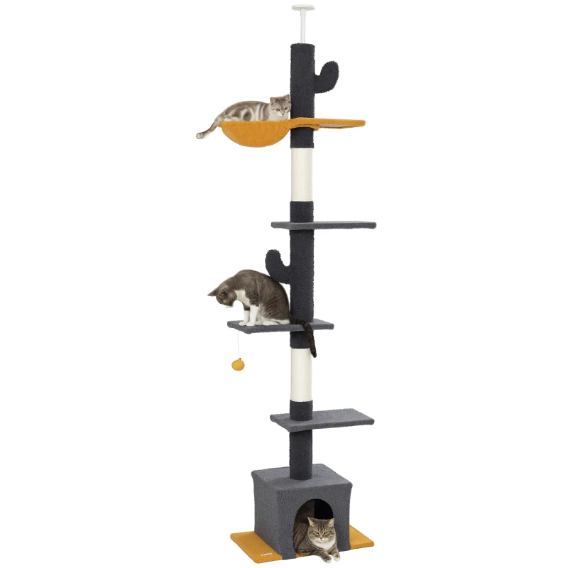 PawHut Floor to Ceiling Cat TreeTower with 90.5"-108" Adjustable Height, Scratching Posts, Hammock, Condo, Toy Ball, Dark Grey