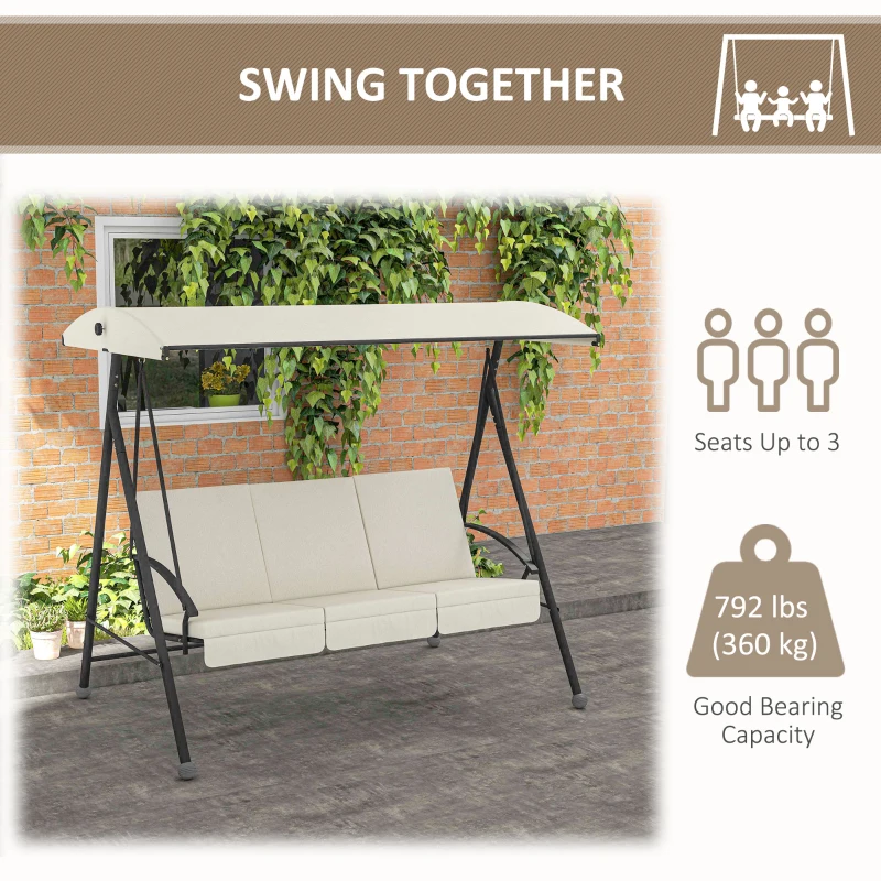 Outsunny 3-Seat Outdoor Porch Swing Patio Swing with Adjustable Canopy, Removable Seat and Back Cushion for Garden, Poolside