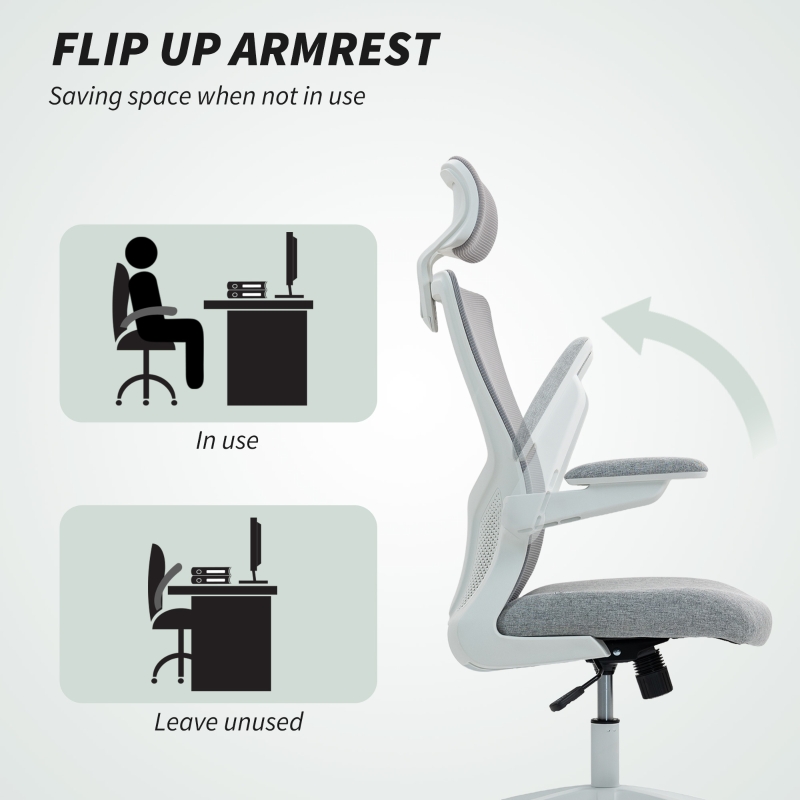 HOMCOM Ergonomic Office Chair, Swivel Desk Chair with Adjustable Lumbar Support, Headrest and Height, Flip-up Armrests, Grey