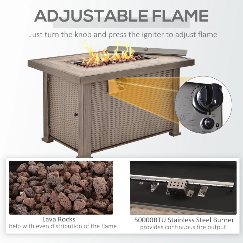 Outsunny Propane Fire Pit Table, 30,000 BTU 42" Wicker-Effect Gas Fire Table, Auto-Ignition Rectangular Outdoor Firepit with Lid, Ceramic Tabletop, Lava Rocks and Rain Cover, CSA Certification, Gray