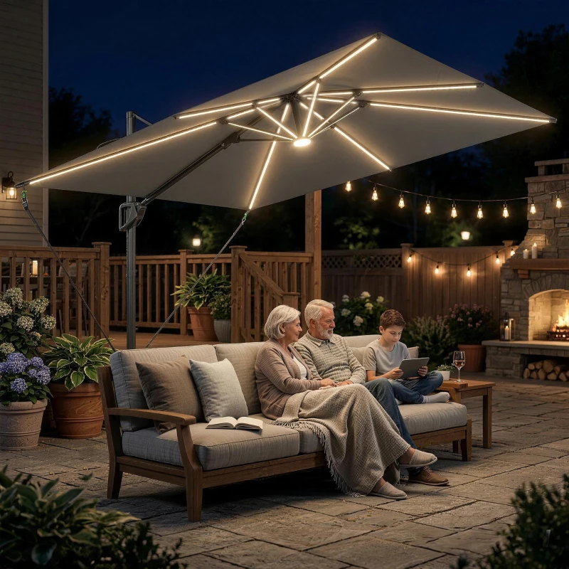 Outsunny 10 x 9.7 ft Offset Cantilever Patio Umbrella with Lights, Wind Rope, UPF50+ Outdoor Cantilever Parasol, Dark Grey