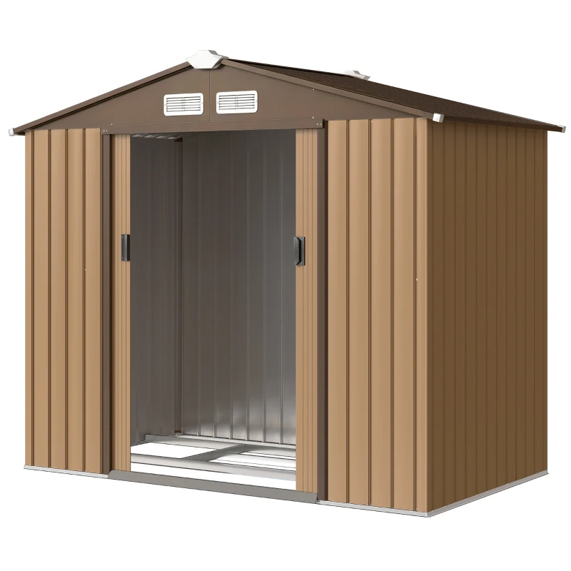 Outsunny 7' x 4' Outdoor Storage Shed, Garden Tool House w/ Foundation Kit Vents & Sliding Doors for Backyard Patio, Brown
