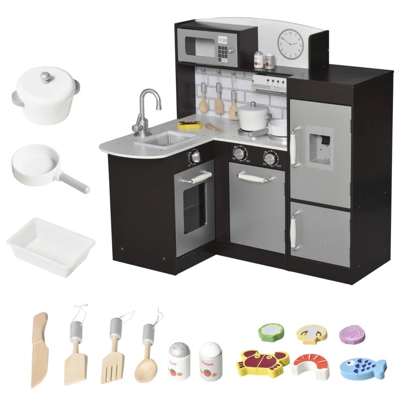 Qaba Corner Kids Kitchen Playset, Wooden Pretend Toy Kitchen Set with Drinking Fountain, Microwave, Fridge and Accessories, Pretend Play Kitchen for 3+ Years, Black