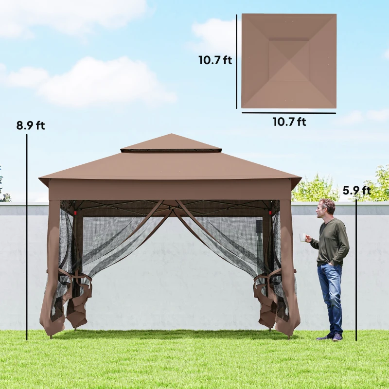 Outsunny Outdoor Patio Pop Up Canopy Gazebo Shelter with Zipper Netting, Carry Bag, 11' x 11', Brown