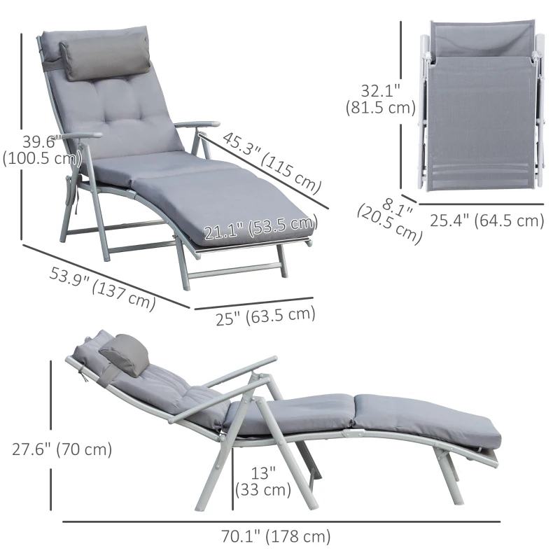 Outsunny Lounge Chair Outdoor, Folding Patio Chaise Lounger, 360 lbs 7-Position Adjustable Back Outdoor Recliner with Cushion, Headrest for Garden, Backyard, Poolside, Grey