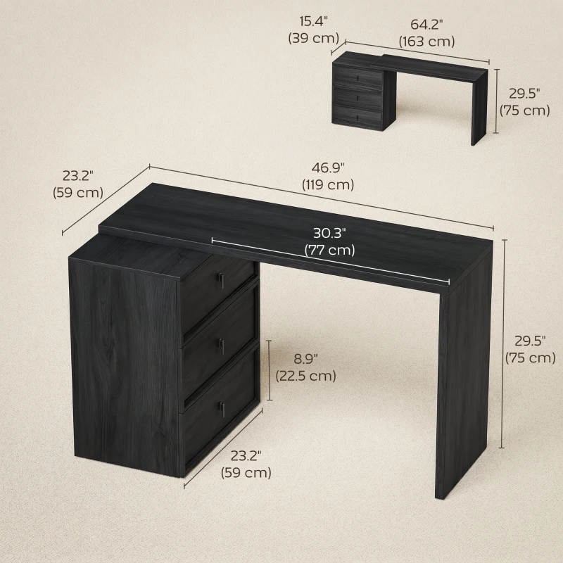 HOMCOM L Shaped Computer Desk Home Office Desk with 3 Drawers Black Wood Grain