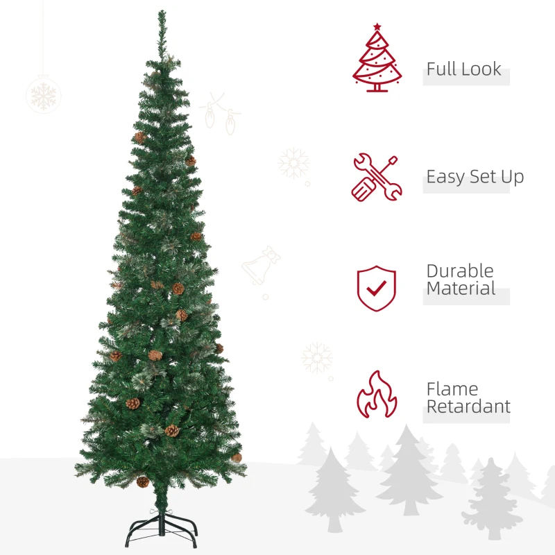 HOMCOM 6.5ft Pencil Christmas Tree, Artificial Christmas with Pine Needles, Realistic Branches, Pine Cones, Metal Base, Green