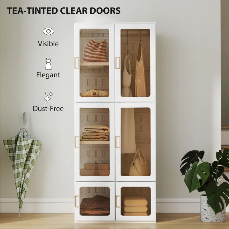 HOMCOM Portable Wardrobe, Foldable Plastic Closet with 6 Compartments, Hanging Rod and Magnetic Doors, White