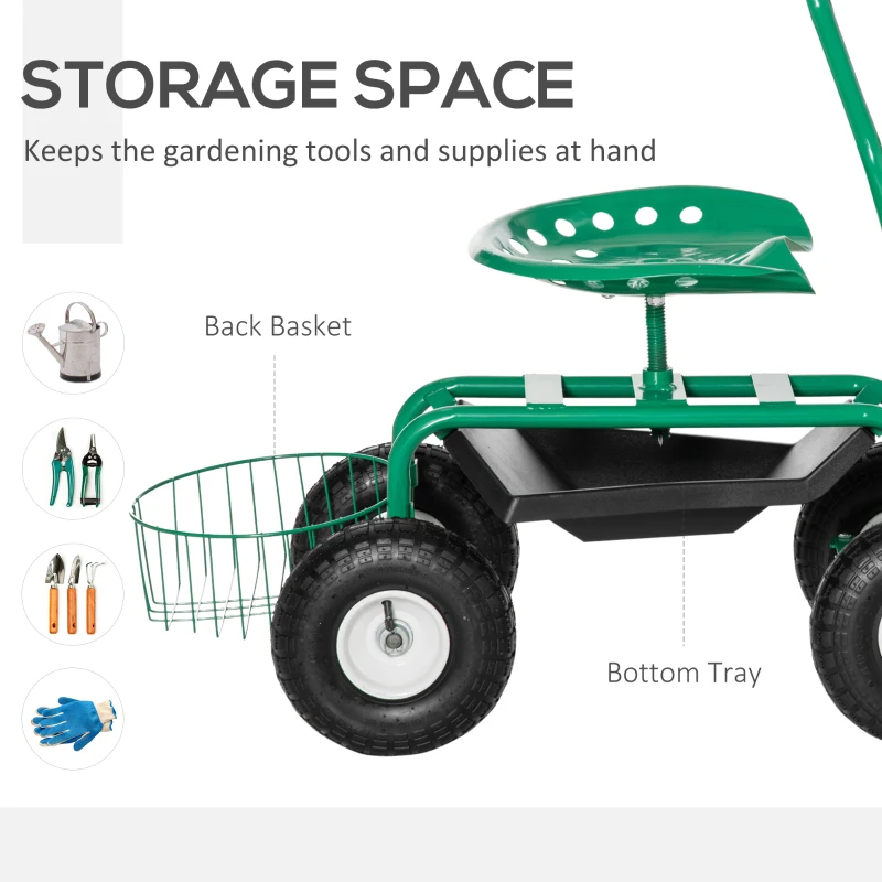 Outsunny Garden Scooter, Rolling Cart with Swivel and Adjustable Seat, Tool Tray, Bucket Basket, Green and Black