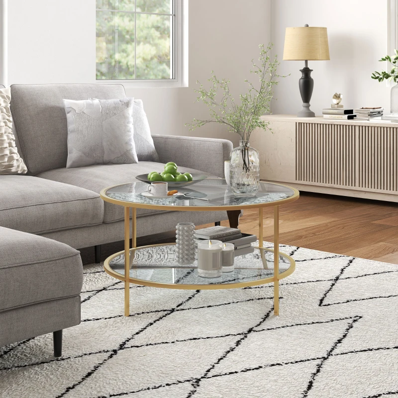 HOMCOM Side Table with Storage, 32" Round End Table, 2-Tier Tempered Glass Coffee Table with Steel Frame for Living Room, Gold