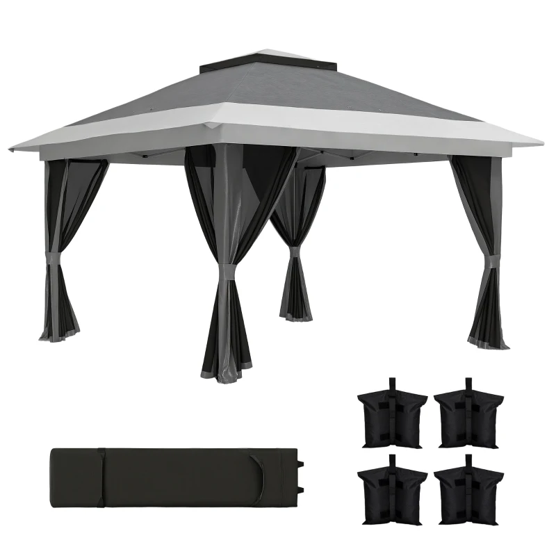 Outsunny 11.7' x 11.7' Pop Up Canopy Tent with Netting, UPF50+ Instant Sun Shelter with Wheeled Carry Bag and Sand Bags