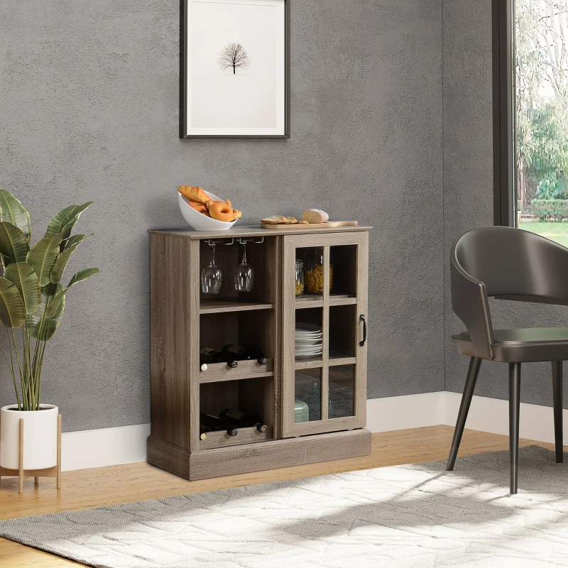HOMCOM Wine Bar Cabinet, with 6-Bottle Wine Rack and Stemware Racks, Buffet Cabinet with Sliding Glass Door for Kitchen, Brown